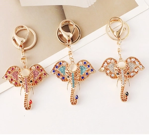 Close-up of sparkling colorful rhinestone elephant keychains in three vibrant color options