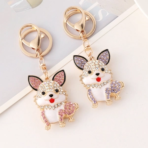 Cute metal dog keychain with shiny rhinestones and enamel finish for handbag charm