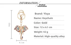 Detail view of crystal elephant keychain with 12x6.1cm size and weight specifications