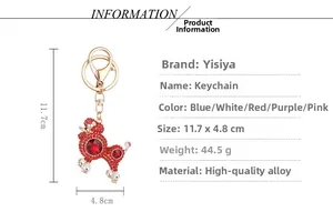 Detail showing dimensions of red rhinestone poodle keychain with gold-tone lobster clasp