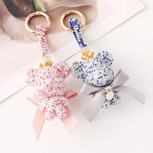 Sparkly crystal rhinestone bear keychains with golden crowns and letter C pendant charms