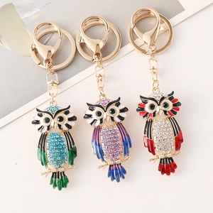 Fashionable Alloy Rhinestone Owl Keychain Colorful Enamel Animal Bag Pendant Metal Key Ring Charm For Women Jewelry