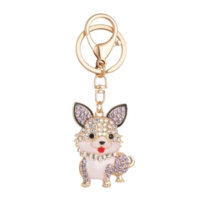 Sparkly rhinestone puppy dog keychain with purple enamel finish and gold metal hook
