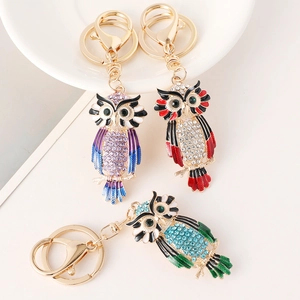 Colorful rhinestone owl keychain charms in gold-plated alloy with lobster clasp
