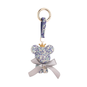 Blue rhinestone teddy bear keychain with gold crown and personalized letter C pendant