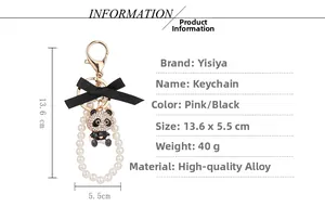 Detailed view of panda pearl keychain with dimensions 13.6 x 5.5 cm and crystal accents