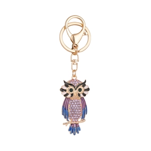 Colorful rhinestone owl keychain with purple crystals and gold-tone metal hook