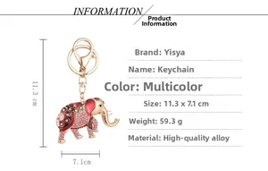 Vue détaillée du porte-clés éléphant doré avec dimensions 11,3x7,1cm et spécifications