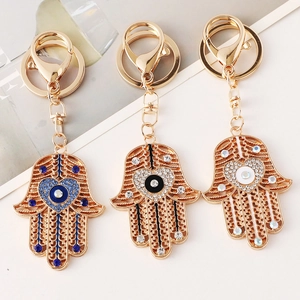 Porte-clés Vintage Main de Hamsa Mauvais Œil Alliage Strass Pendentif Cœur pour Femme Sac Voiture Anneau de Clé Bijoux Cadeau