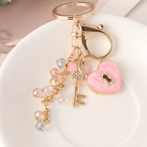 Fashion Heart Lock Key Keychain For Women Gold Plated Alloy Enamel Rhinestone Crystal Bead Bag Pendant Charm Gift