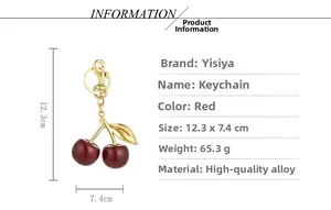 Detailed specs of red glitter cherry keychain with gold alloy leaves, 12.3x7.4cm size