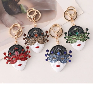 Detail of Venice mask keychains with colorful crystals and gold lobster clasps