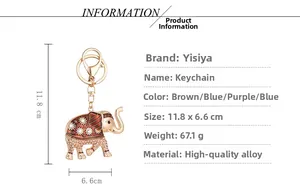 Detailed size chart for the gold elephant keychain with crystals and enamel floral accents