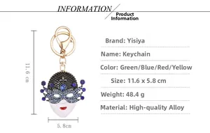 Blue mask keychain with rhinestones, high-quality alloy material, size 11.6x5.8 cm