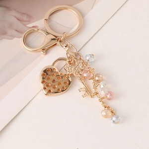 Fashion heart lock keychain with crystal beads and cross key charm in golden finish