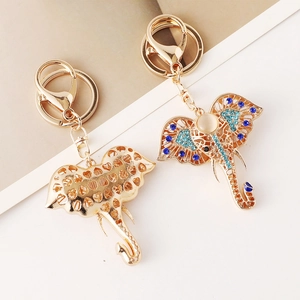 Golden elephant keychain with blue rhinestones and heart pattern hollowed back view