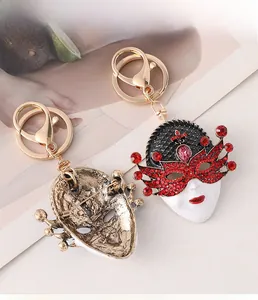 Detail of Venice mask charm showing white painted front and vintage gold brooch back