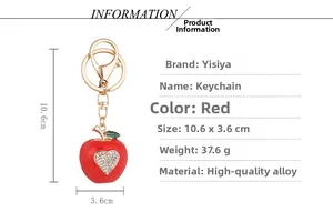 Spécifications de taille pour un porte-clés pomme rouge avec détails de cœur en cristal