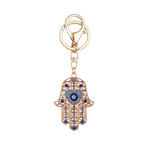 Porte-clés main de Fatma avec pendentif coeur œil bleu en or pour sacs et voitures