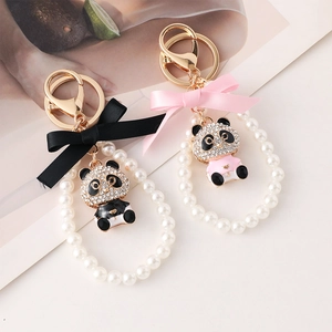 Cartoon Panda Rhinestone Artificial Pearl Keychain With Bowknot Satin Ribbon Alloy Metal Bag Charm For Women Cute Jewelry Gift