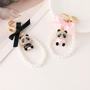 Cute panda keychain with bow and pearls, sparkling rhinestone pendant for bag accessory