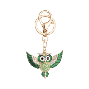 Porte-clés hibou ange avec strass verts et fermoir mousqueton en métal doré