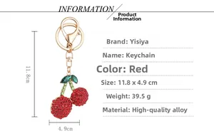 Detailed dimension guide for the sparkling red cherry rhinestone keychain in gold alloy