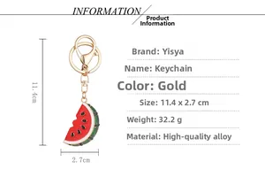 Detail view of rhinestone watermelon keychain with dimensions 11.4x2.7cm and gold alloy chain