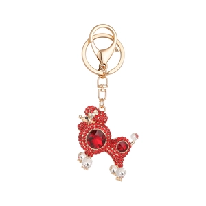 Sparkling red rhinestone Poodle keychain with golden alloy frame and lobster clasp