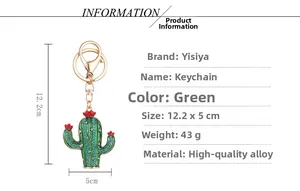 Detail view of rhinestone cactus keychain showing 12.2x5cm dimensions and alloy material