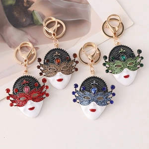 Luxury Alloy Venetian Mask Keychain Rhinestone Enamel Masquerade Face Keyring Bag Charm Fashion Jewelry Gift For Women