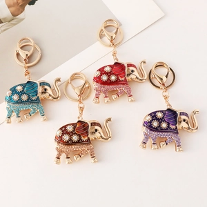 Colorful rhinestone elephant car keychains with bohemian patterns and gold plating