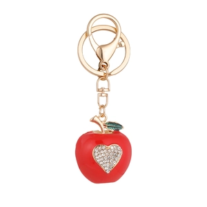 Porte-clés pomme rouge étincelant avec diamant en cœur et anneau en métal doré