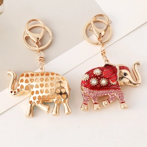 Creative colorful crystal elephant keychain accessory with gold finish and enamel details