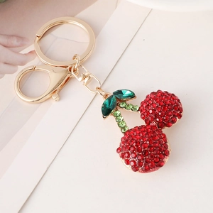 Sparkling cherry keychain with red rhinestones and golden lobster clasp for women bag