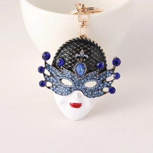 Venetian style rhinestone mask keychain with blue enamel and gold plating for handbags