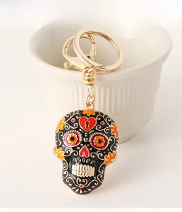 Detailed macro view of colorful enamel skull keychain with festive floral patterns