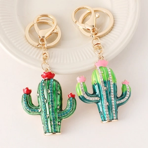 Fashion Alloy Rhinestone Cactus Keychain Enamel Flower Bag Pendant Charm Gold Plated Car Key Ring For Women Cute Plant Accessory