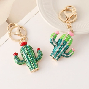 Sparkling cactus keychain with rhinestones and gold hardware for stylish handbags