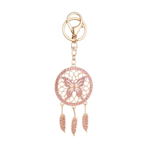 Rose gold dreamcatcher keychain with pink rhinestone butterfly and feather charms