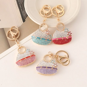 Handbag Shape Keychain Rhinestone Inlaid Alloy Flower Purse Pendant Bag Charm Gold Plated Car Key Ring Gift For Women