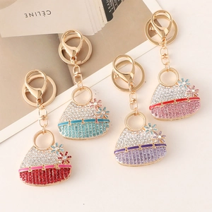 Creative flower handbag keychains with rhinestones and gold alloy metal hardware set