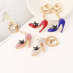 Llavero de Gato con Zapato de Tacón Alto con Diamantes de Imitación de Moda Colgante de Bolso de Metal de Aleación Brillante para Mujeres Niñas Joyería