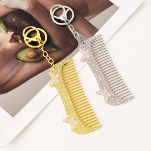 Vintage Rhinestone Alloy Comb Shaped Keychain For Women Elegant Pink Butterfly Enamel Bag Pendant Decorative Gift Jewelry