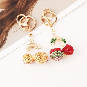 Creative sparkling cherry keychain set with rhinestone heart and fruit pendant charms
