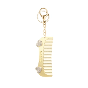 Golden comb keychain with My love engraving and sparkling heart charms for bags