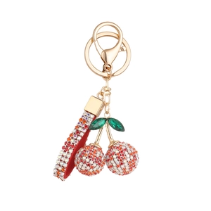 Creative cherry keychain with sparkling red rhinestones and golden metal ring