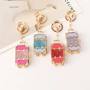 Rhinestone Inlaid Mini Suitcase Keychain Creative Metal Trolley Case Bag Pendant For Women Purse Charm Jewelry Gift
