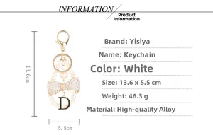 Detail specifications of the handmade pearl bow keychain with letter D charm and lobster clasp