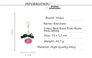 Detail showing dimensions and materials of velvet bow lip keychain with rhinestones